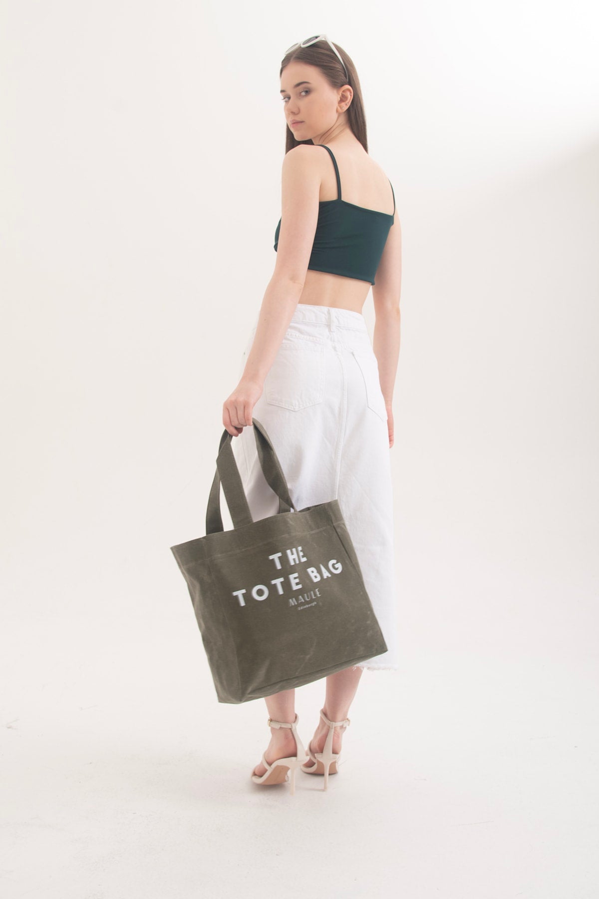 Khaki Khaki Maule Tote Bag Printed Medium Size Waxed Canvas 100% Cotton Women'S Shoulder Bag