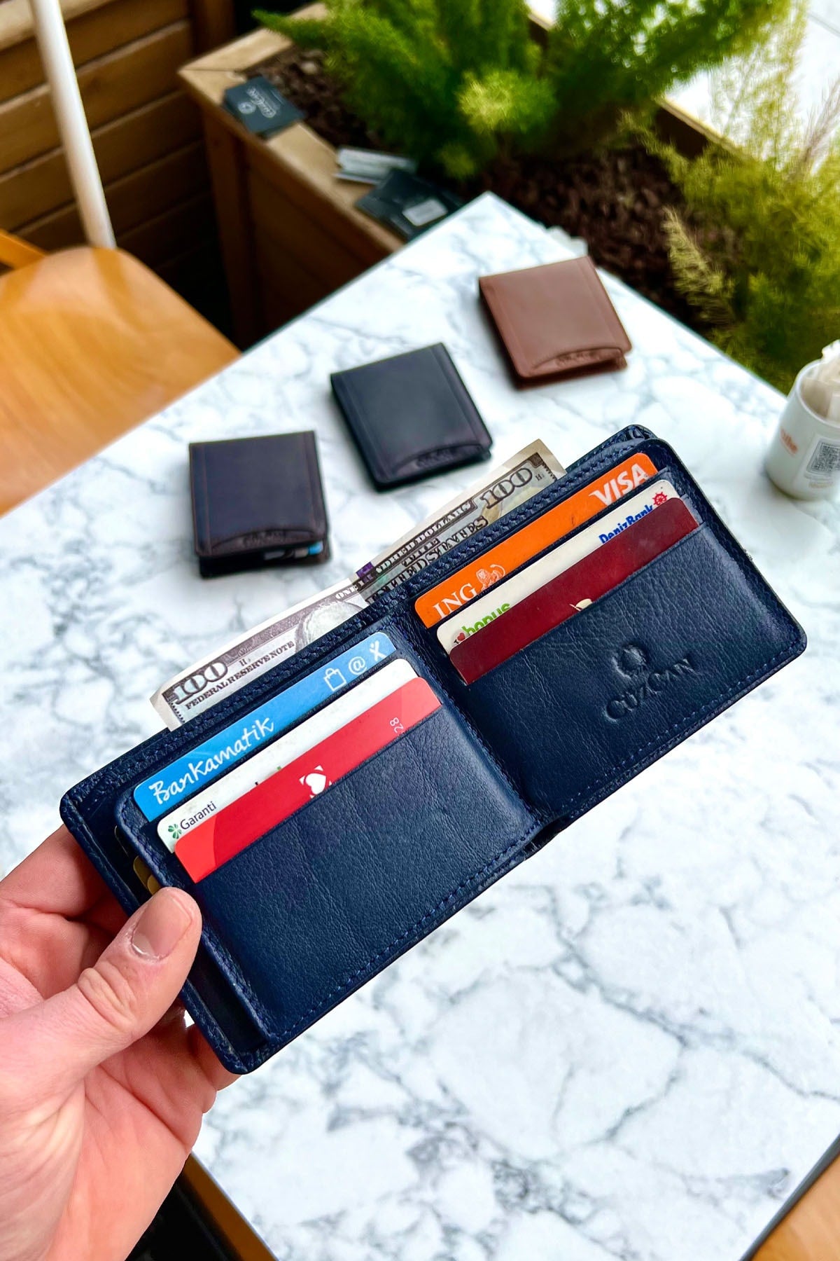 Navy Blue Butterfly Model Genuine Leather Men'S Custom Printed Wallet