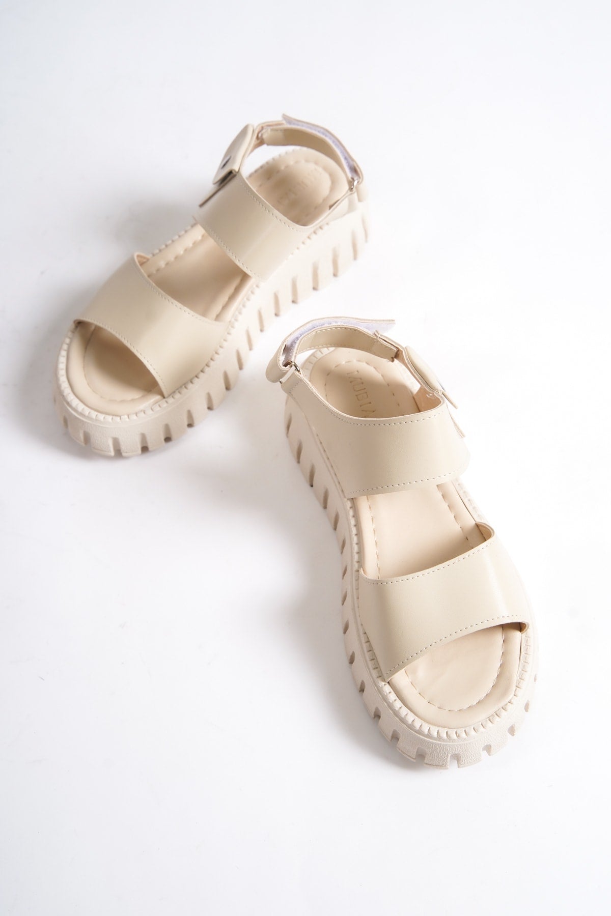735-Bj Thick Serrated Sole Beige Gladiator Platform Sandals