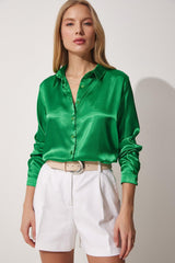 Women's Vivid Green Lightly Flowy Satin Top Shirt DD00990 - Swordslife