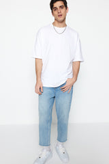 White Men's Oversize Basic Crew Neck Short Sleeved 100% Cotton T-Shirt TMNSS22TS0318