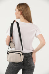 Cream U4 Canvas Women's Cross Shoulder Bag With 2 Compartments And Wallet With Adjustable Strap B:17 E:22 G:12