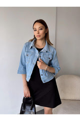 Light Blue Women's Denim Fitted Embroidered Pocket Buttoned Jeans Jacket - Swordslife