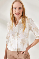 Women's Fan Beige Sleeve Fold Linen Shirt GML-19000825 - Swordslife