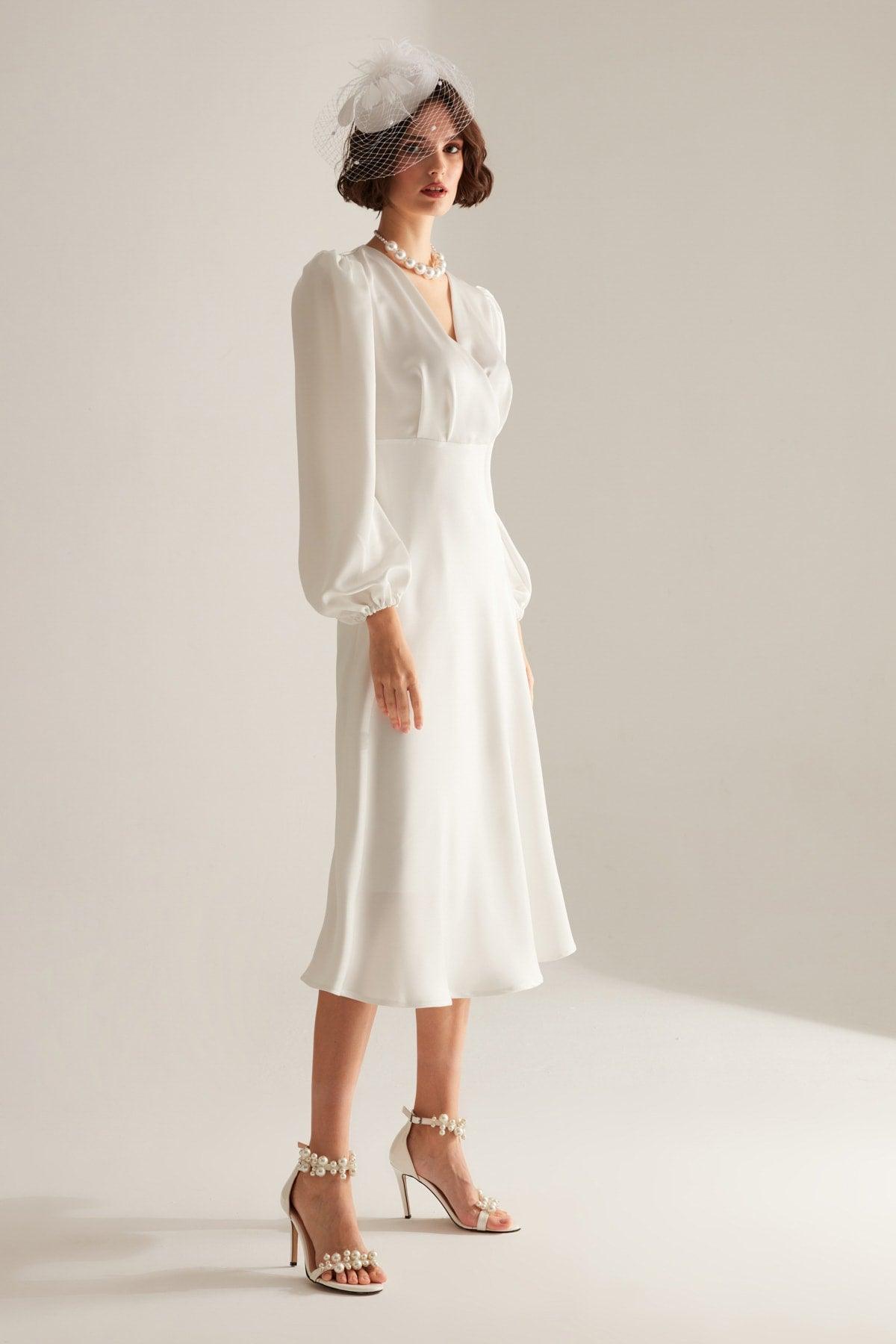 Merry White Double Breasted Collar Flared Dress - Swordslife