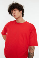 Red Men's Basic 100% Cotton Crew Neck Oversize Short Sleeved T-Shirt