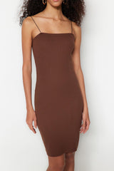 Brown Square Neck Spaghetti Strap Ribbed Flexible Fitted Mini Knitted Dress TWOSS21EL2327 - Swordslife