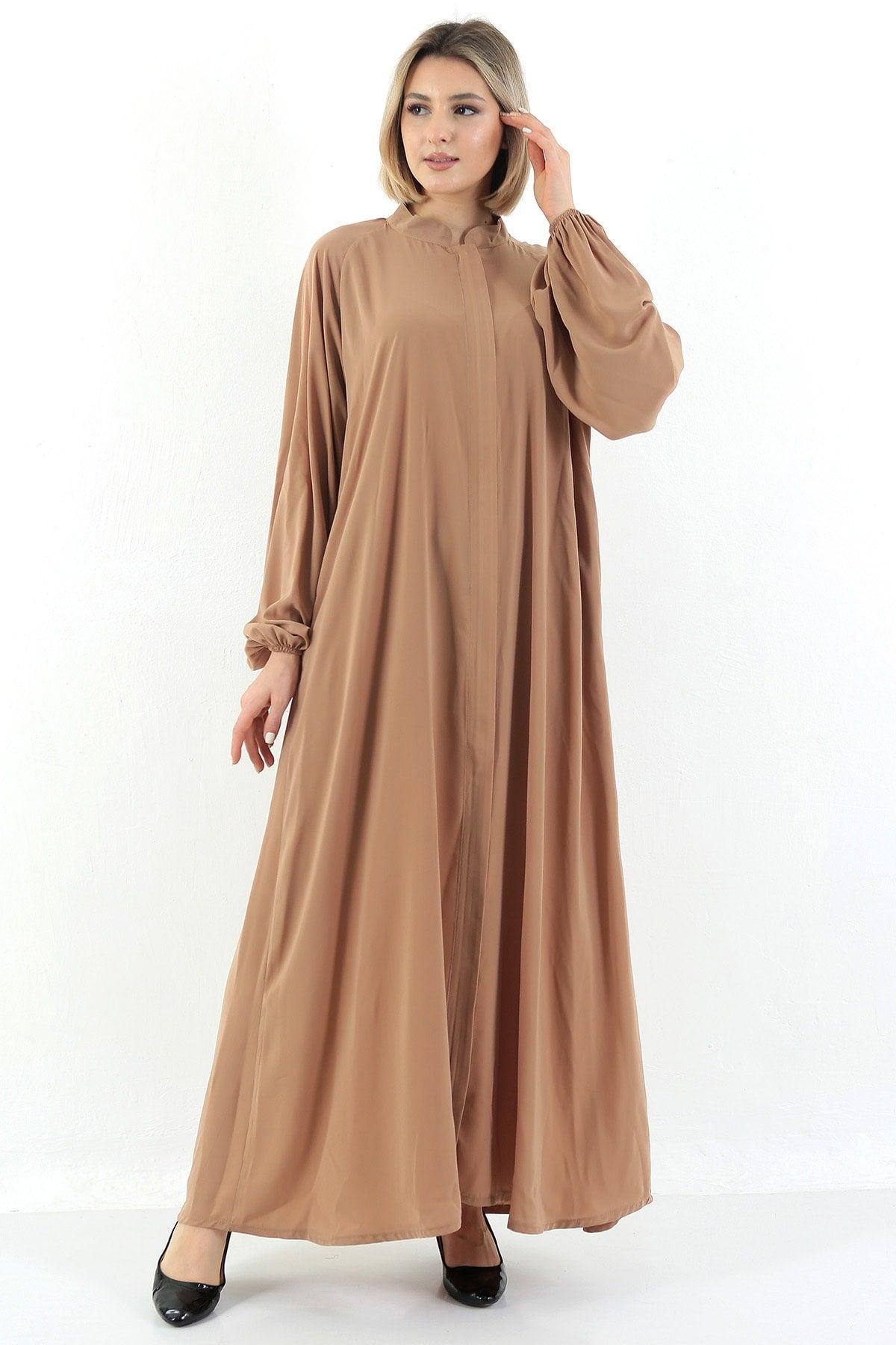 Almond Patties Zippered Belted Abaya Hijab With Pockets - Swordslife