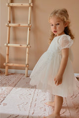 White Short Balloon Tulle Sleeve Detailed Tulle Baby Girl Dress - Cinderella