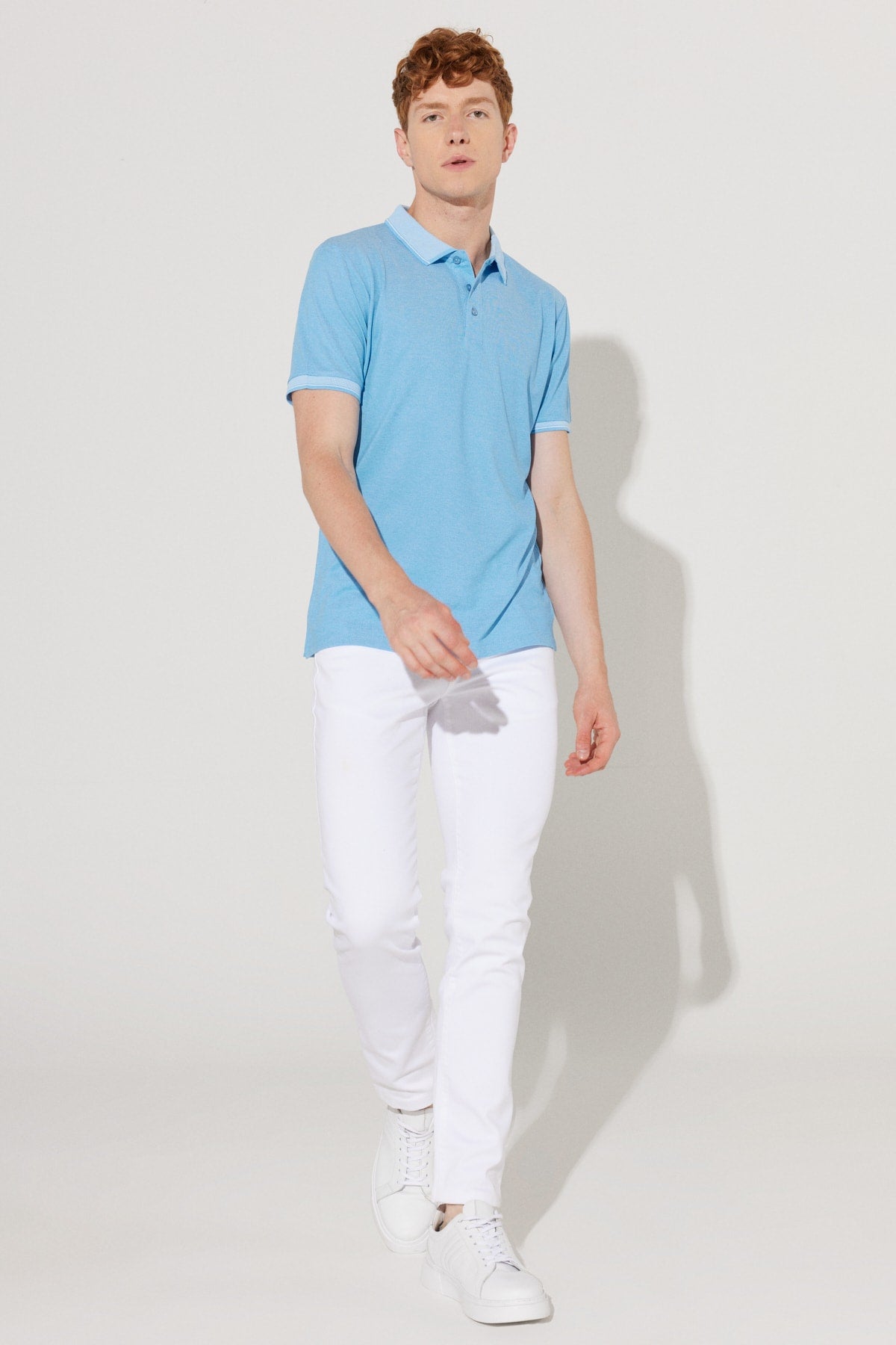 Men's Non-Shrink Cotton Fabric Slim Fit Slim Fit Sax-White Anti-roll Polo Neck T-Shirt