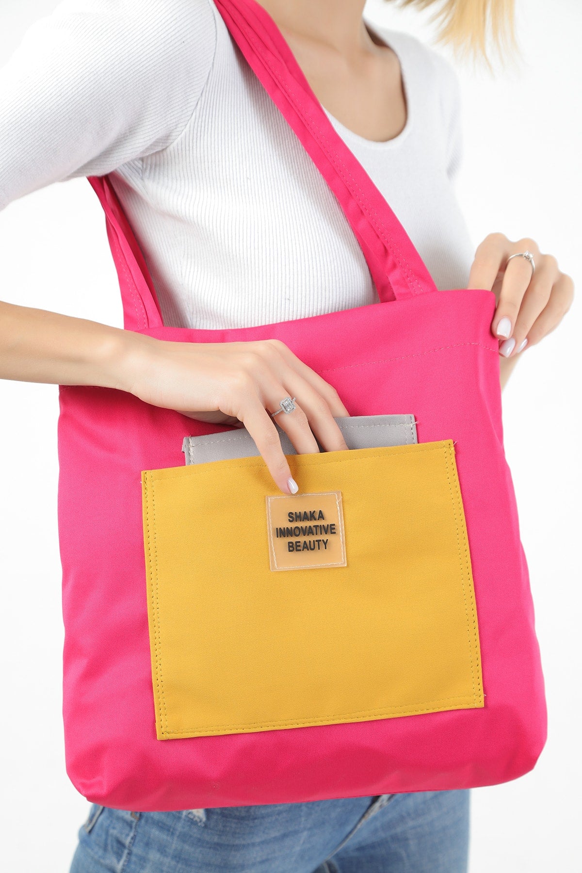 Fuchsia/Gray/Mustard U22 3-Compartment Front 2 Pocket Detailed Canvas Fabric Daily Women'S Arm And Shoulder Bag B:35 E