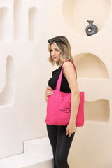 Fuchsia U46 Snap Closure Front Pocket Detailed Tote Bag Embroidered Canvas Women's Arm and Shoulder Bag U:30 E