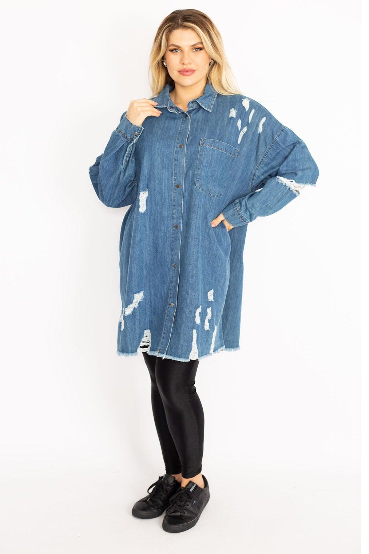 Women's Large Size Blue Ripped Detailed Loose Cut Oversize Denim Tunic Jacket 65n28046 - Swordslife