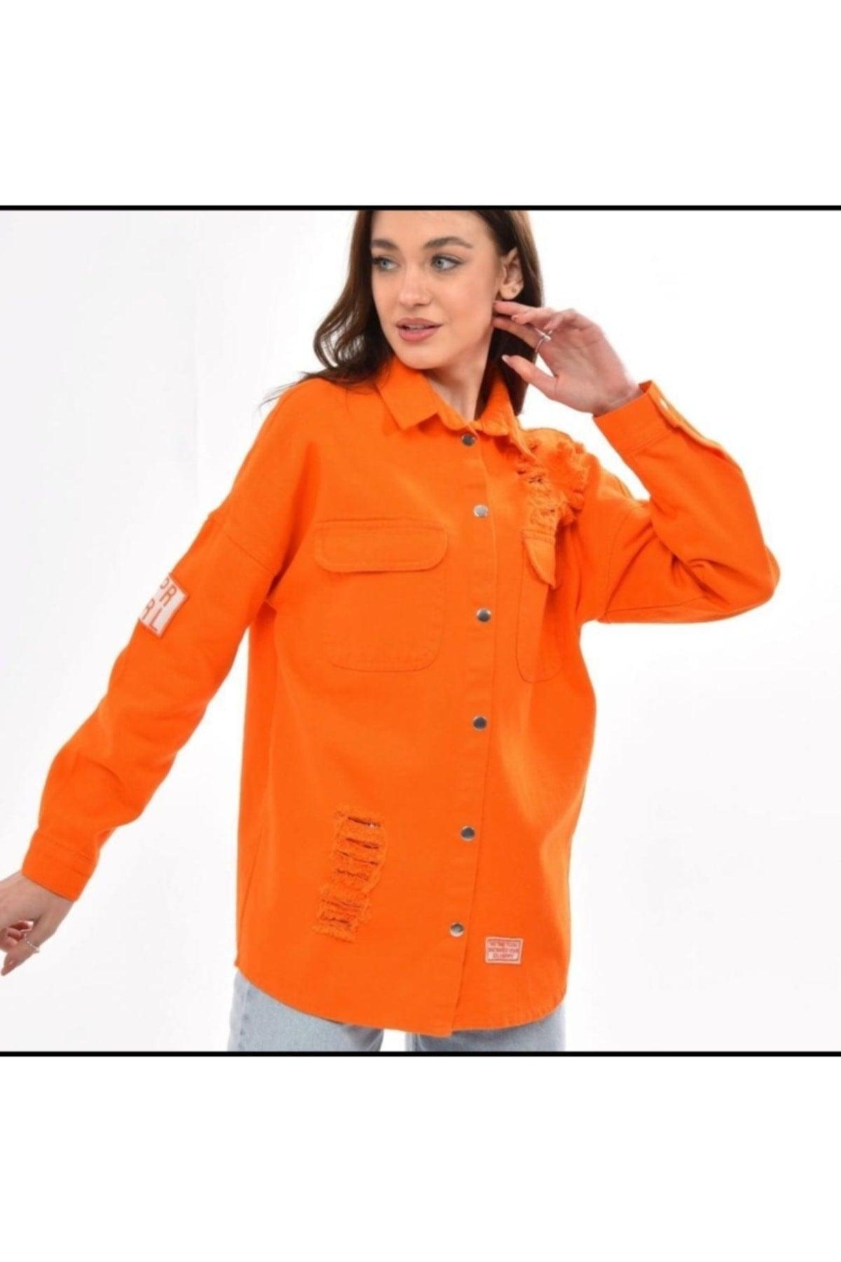 Women's Orange Boyfriend Oversize Worn Denim Jeans Denim Jacket A36-011 - Swordslife