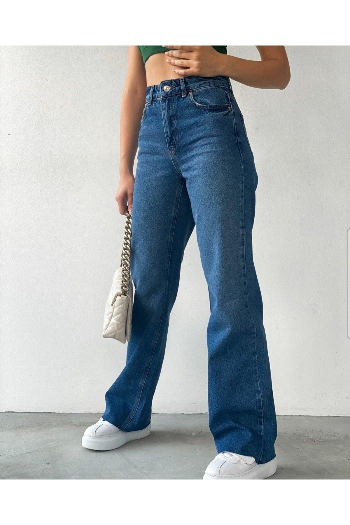 Dark Blue Loose Lycra Women's Super High Waist Wide Leg Denim Jeans Palazzo Pants - Swordslife