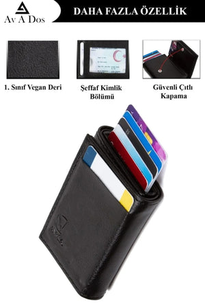 Men'S Vegan Leather Black Cash Money Compartment Sliding Mechanism Wallet Card Holder