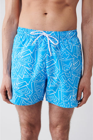 Men'S Turquoise Quick Dry Printed Standard Size Swimwear Marine Shorts E003802