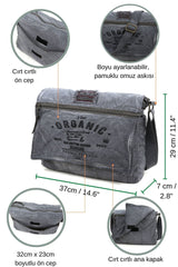 Shabby Canvas Shoulder Messenger Gray Laptop School Travel Daily Vintage Cotton Fabric Bag