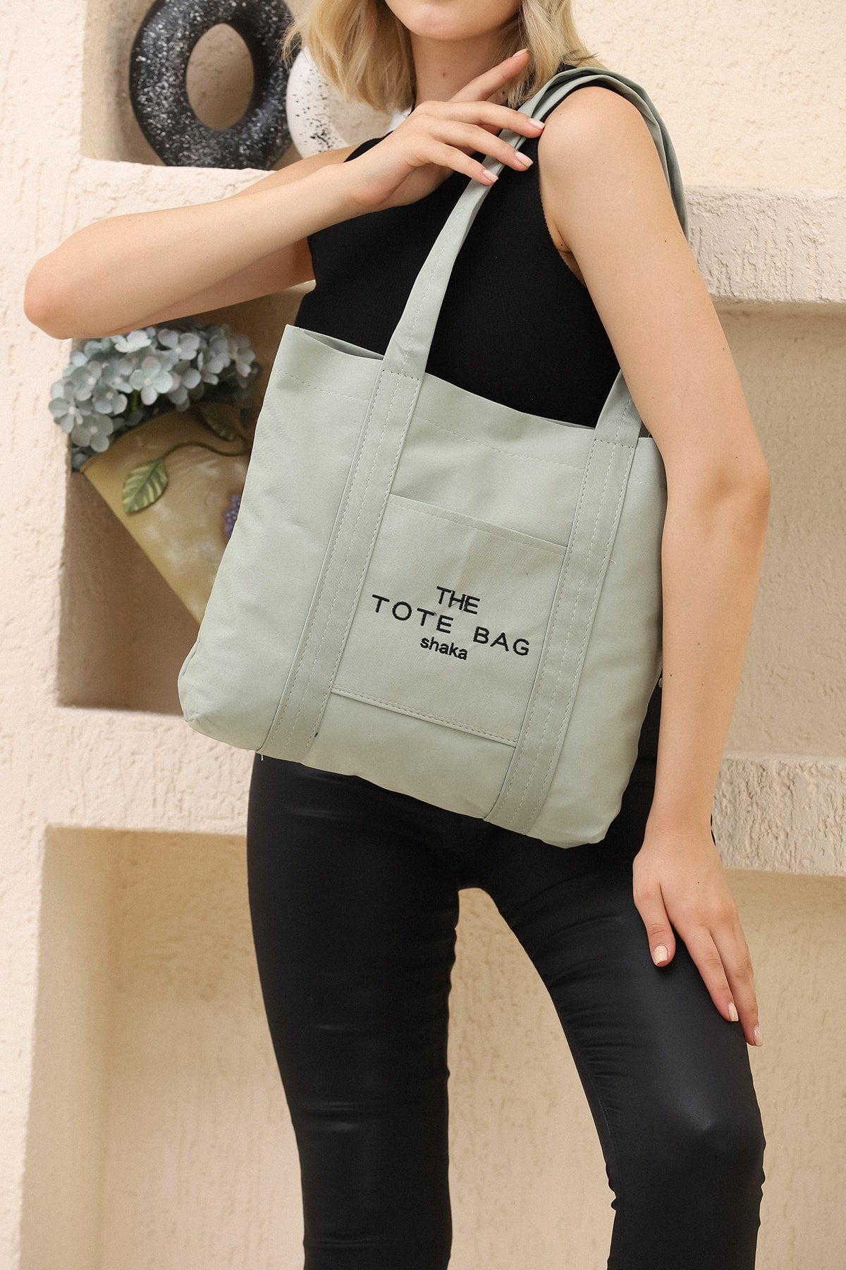 Green U46 Snap Closure Front Pocket Detailed Tote Bag Embroidered Canvas Women'S Arm And Shoulder Bag U:30 E