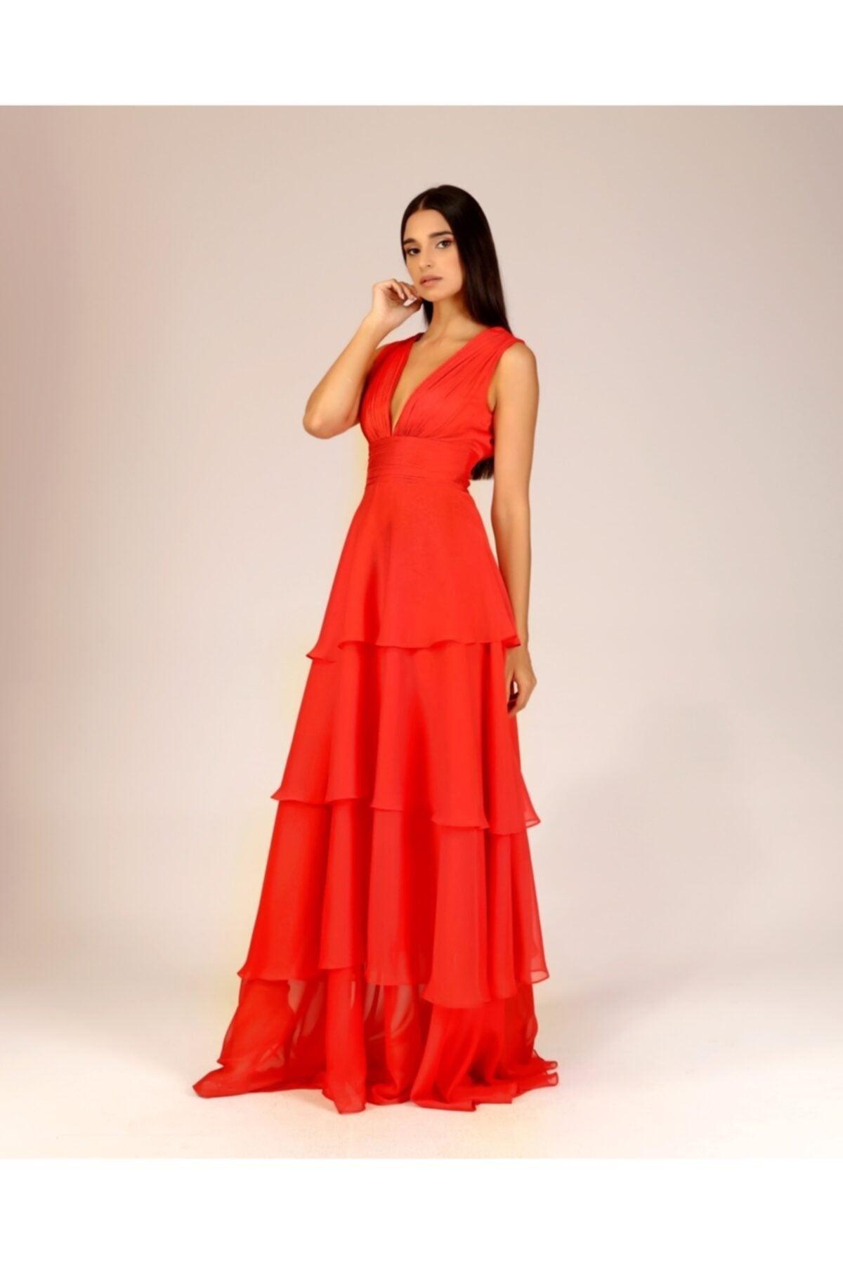 Beatrice Red Draped Detailed Ruffle Dress - Swordslife