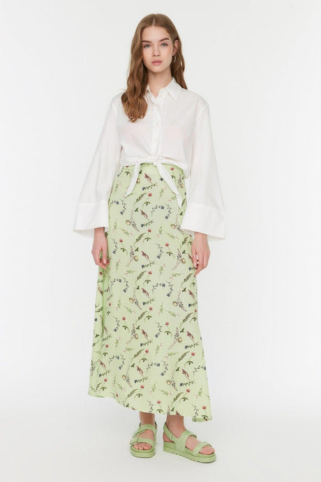 Green Floral Patterned High Waist Knitted Skirt TCTSS22EE0006 - Swordslife