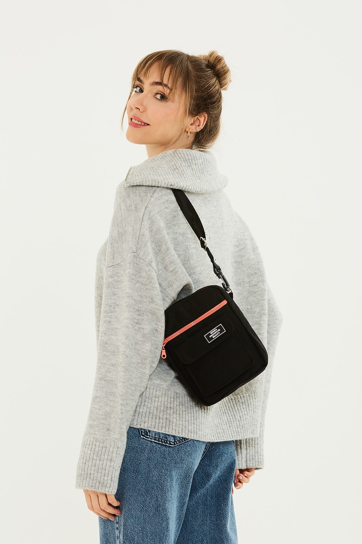 Orange Zipper Black U2 3-Compartment Cross Adjustable Strap Canvas Fabric Unisex Shoulder Bag B: