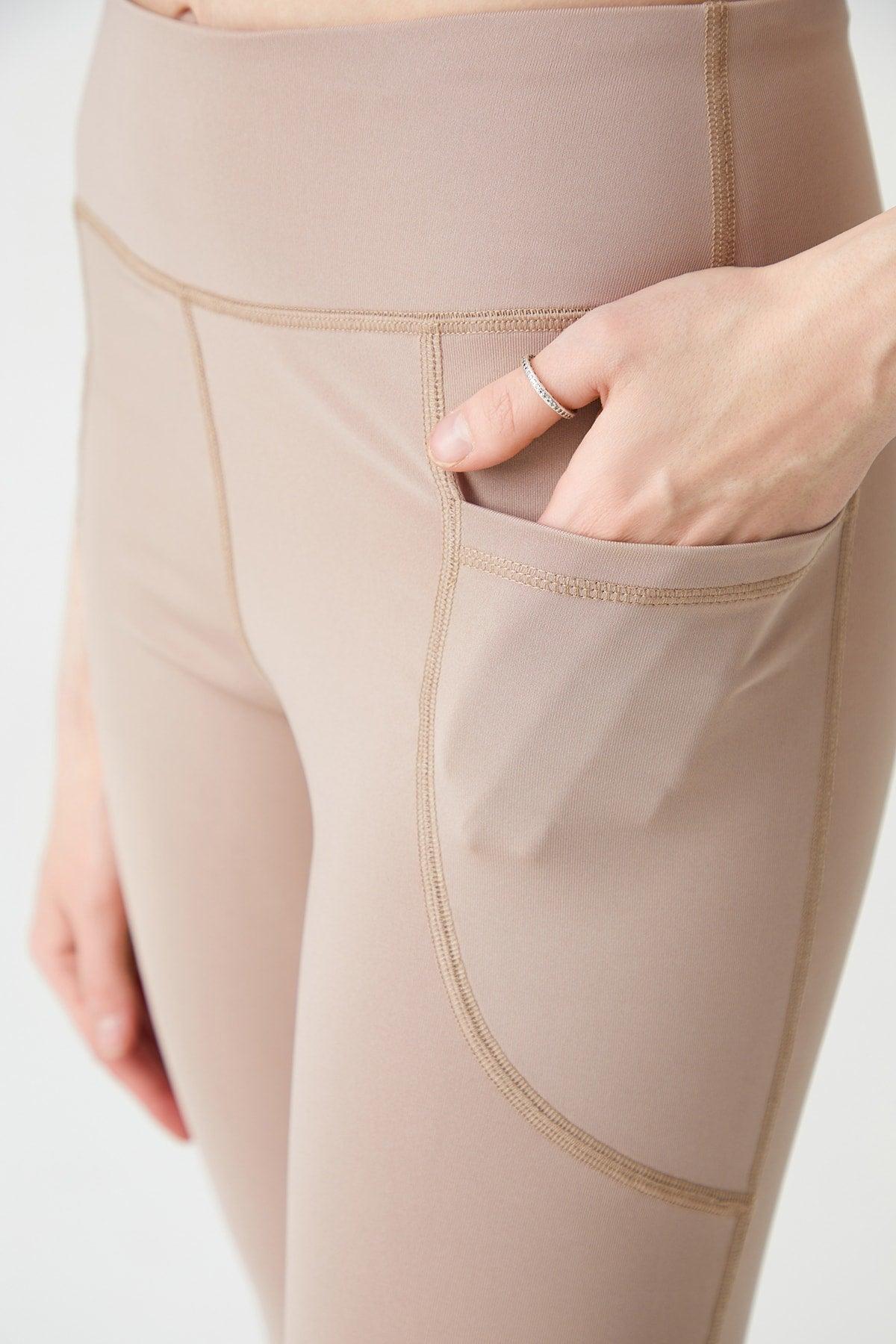 Women's Beige High Waist Lifter Double Pocket Spanish Leg Leggings Bootcut - Swordslife
