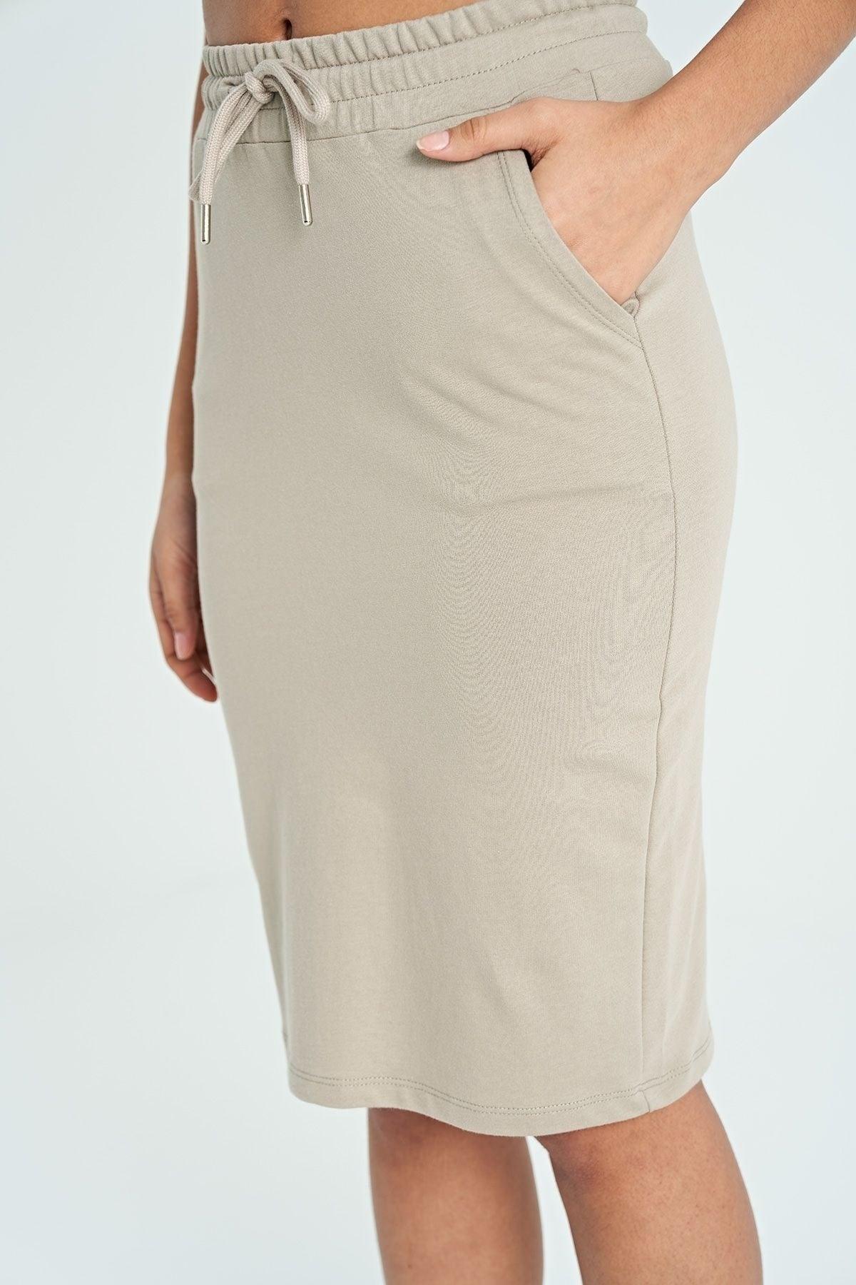 Dark Beige Women's Knee Length Pencil Skirt With Back Slit Side Pocket Detail - 02276 - Swordslife