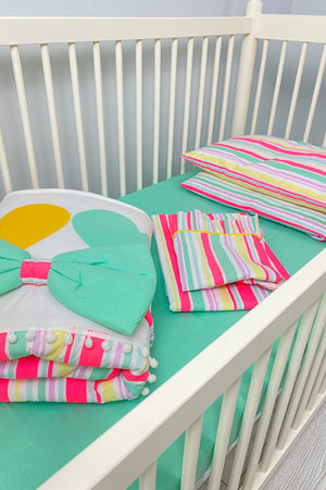 Stripe Patterned Turquoise Baby Duvet Cover Set, Quilt, Nightgown