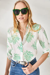 Women's Bush Green Sleeve Fold Linen Shirt GML-19000825 - Swordslife