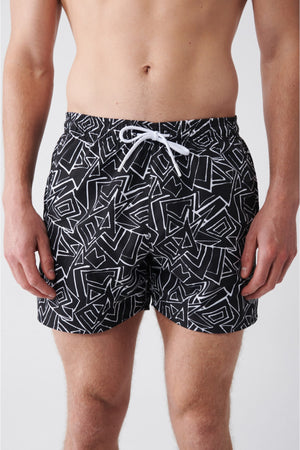 Men'S Black Quick Dry Printed Standard Size Swimwear Marine Shorts E003802