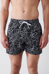 Men's Black Quick Dry Printed Standard Size Swimwear Marine Shorts E003802