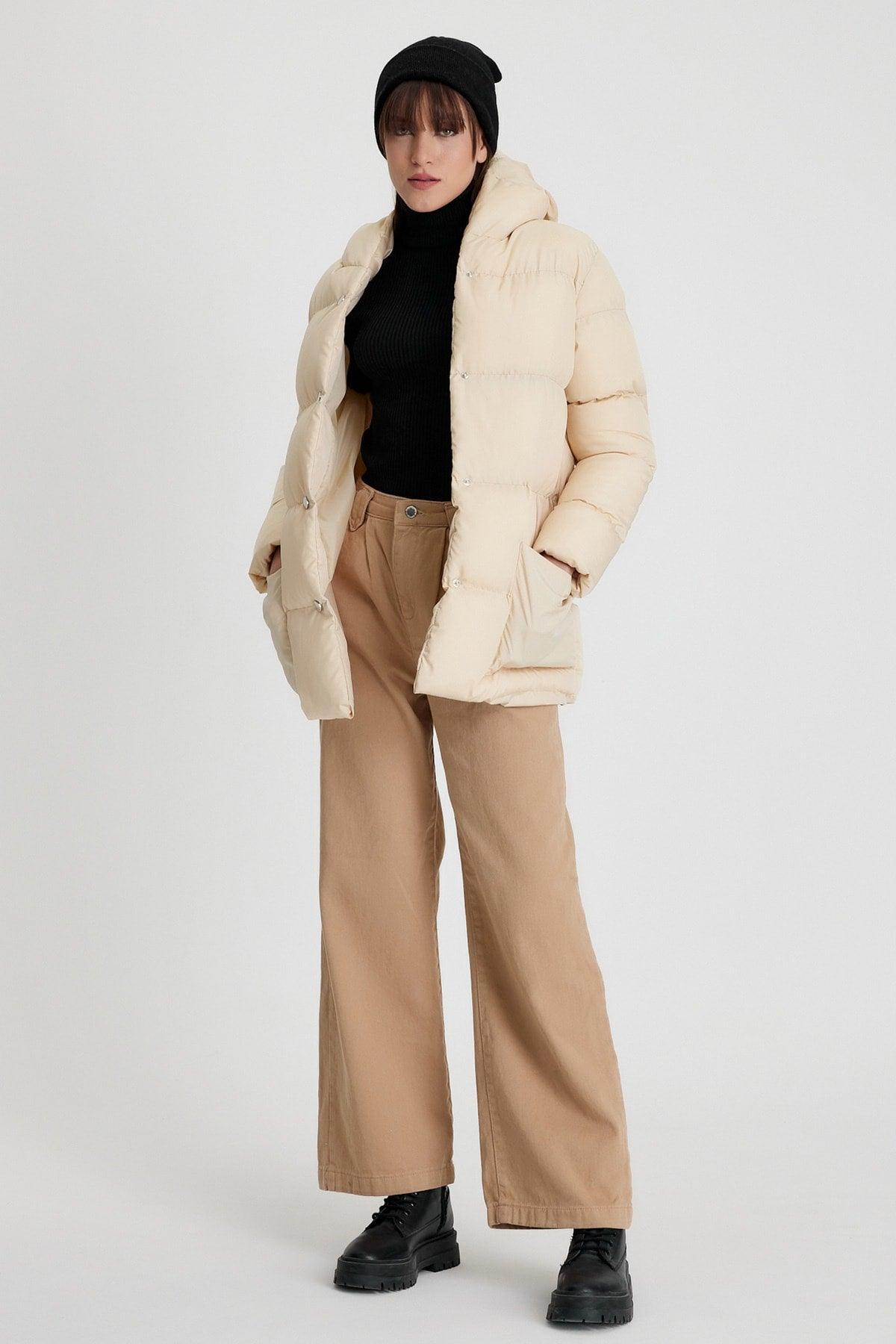 Women's Beige Monica Regular Fit Long Front Button Filled Waterproof Fabric Hooded Coat Tbg094 - Swordslife