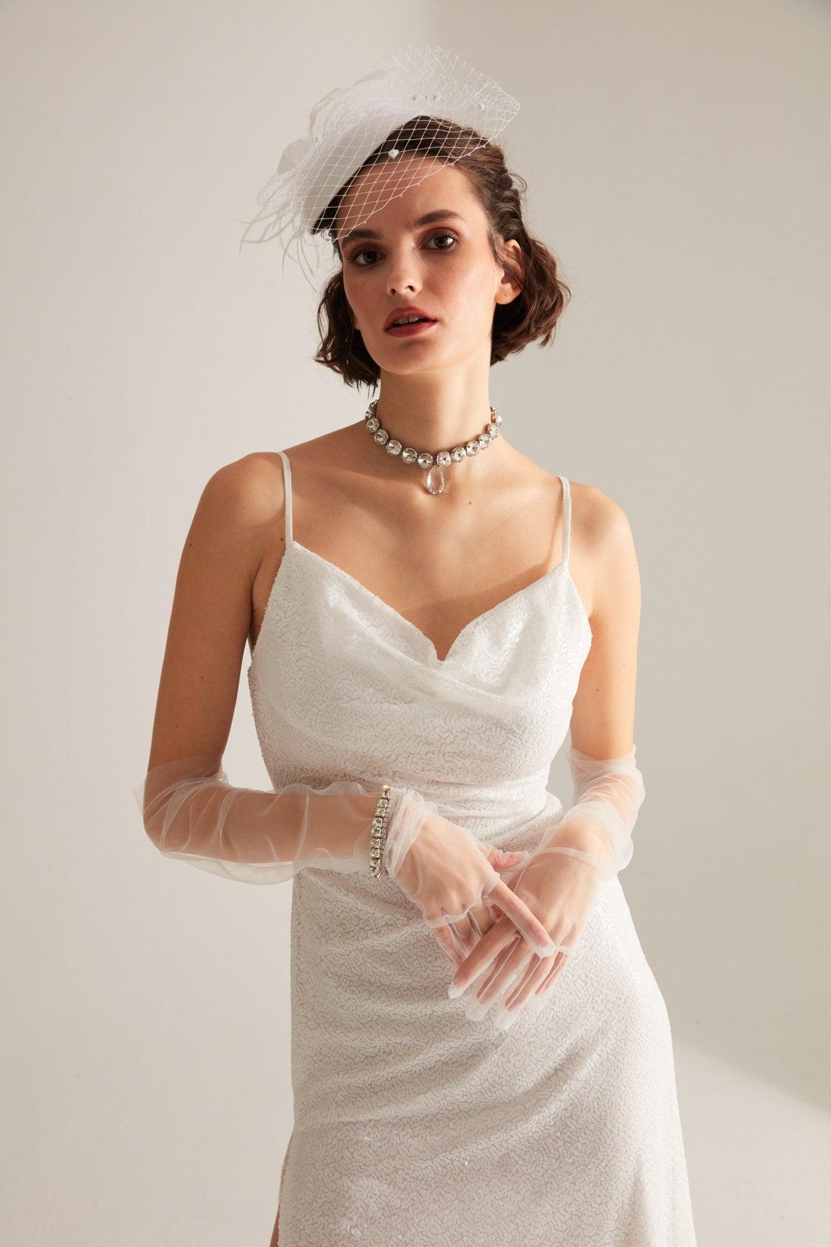Strap Degajee Collar Slit Sequin White Evening Dress - Swordslife