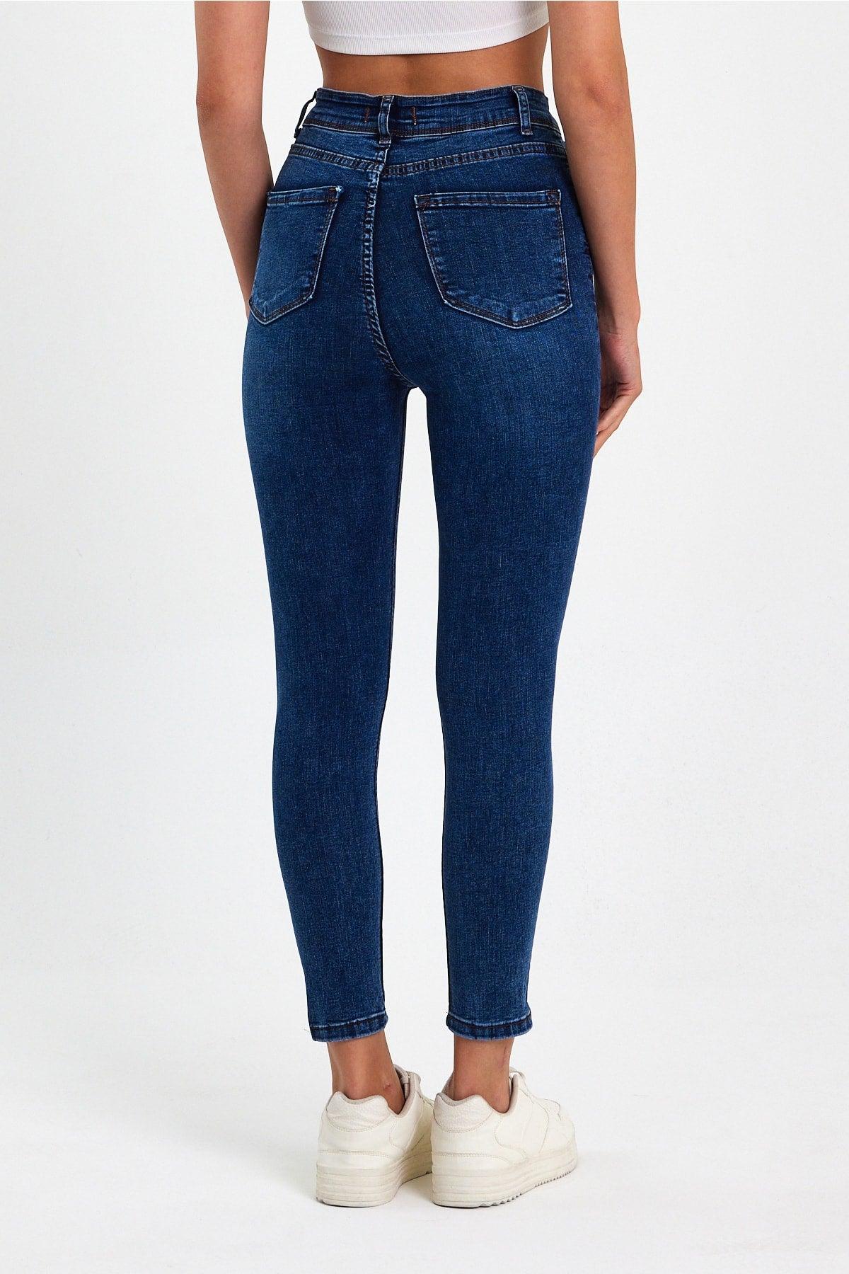 Mary Laser Detail Blue High Waist Slimming Skinny Jean - Swordslife