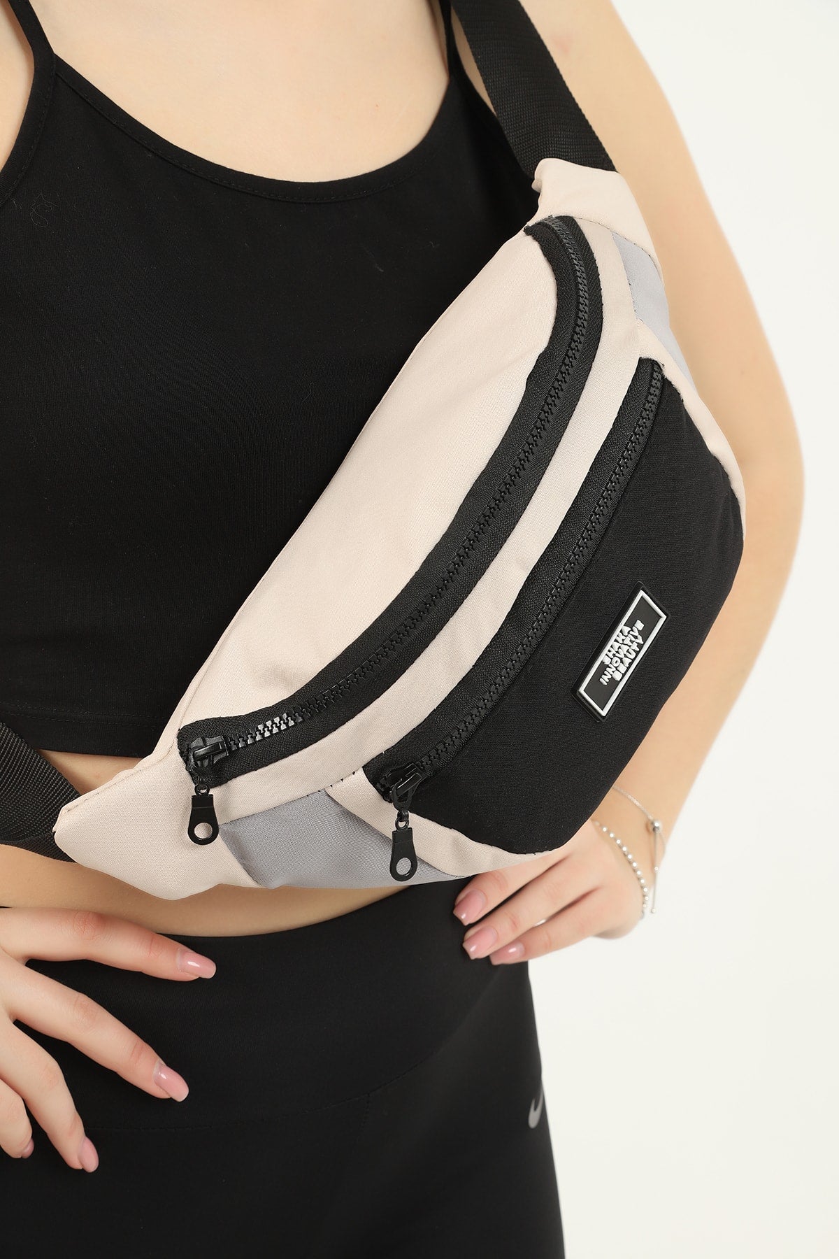 Cream/Gray/Black U8 2-Compartment Adjustable Cross Strap Canvas Unisex Waist And Shoulder Bag E:38 B:17