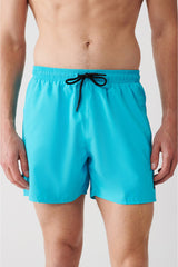 Men's Turquoise Quick Dry Standard Size Straight Swimwear Marine Shorts E003801