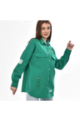 Women's Green Boyfriend Oversize Worn Denim Jeans Denim Jacket A36-011 - Swordslife