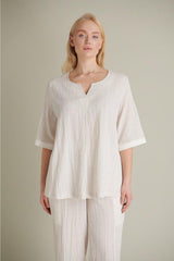 Women's A Pleated V-Neck Ecru Linen Blouse - Swordslife