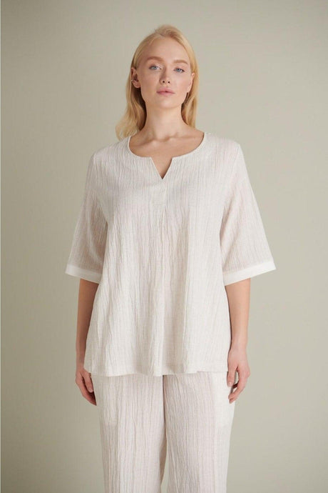 Women's A Pleated V-Neck Ecru Linen Blouse - Swordslife