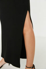 Black Slit Detailed Fitted High Waist Ribbed Flexible Maxi Knitted Skirt TWOSS22ET0449 - Swordslife