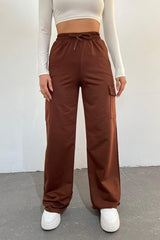 Women's Brown - Regular Fit Cargo Pocket Wide Leg Sweatpants - Swordslife