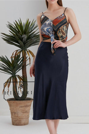 Inverted Viscose Satin Fabric Dark Navy Blue Midi Length Skirt - Swordslife