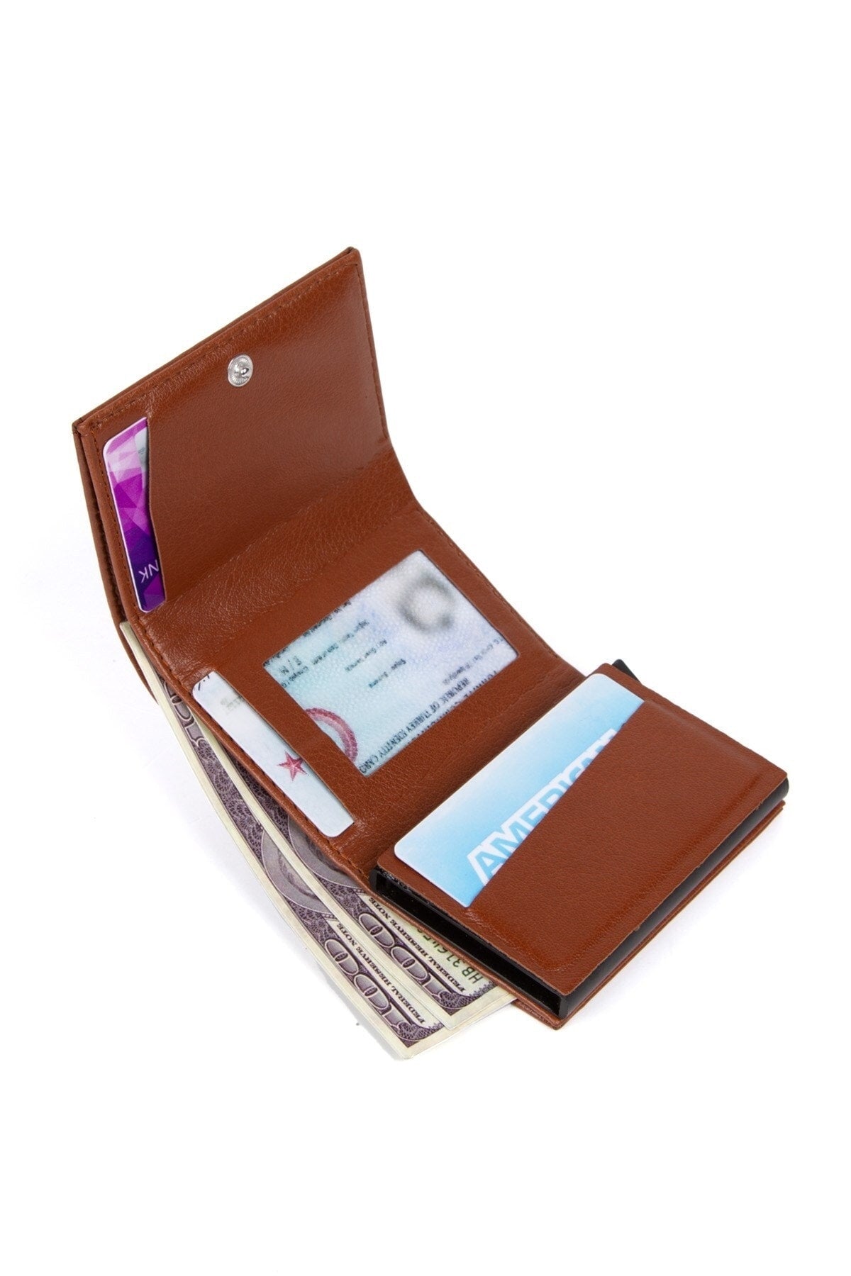 Unisex Leather Aluminum Mechanism Sliding Card Holder Wallet With Paper Money Compartment (7,5X10CM)