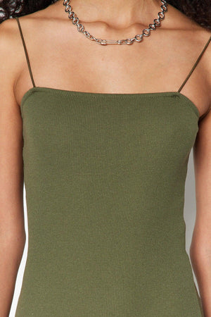 Green Square Neck Spaghetti Strap Ribbed Flexible Fitted Mini Knitted Dress TWOSS21EL2327 - Swordslife