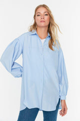 Light Blue Balloon Back Sleeve Long Pocket Detailed Basic Woven Shirt TCTSS21GO0976 - Swordslife