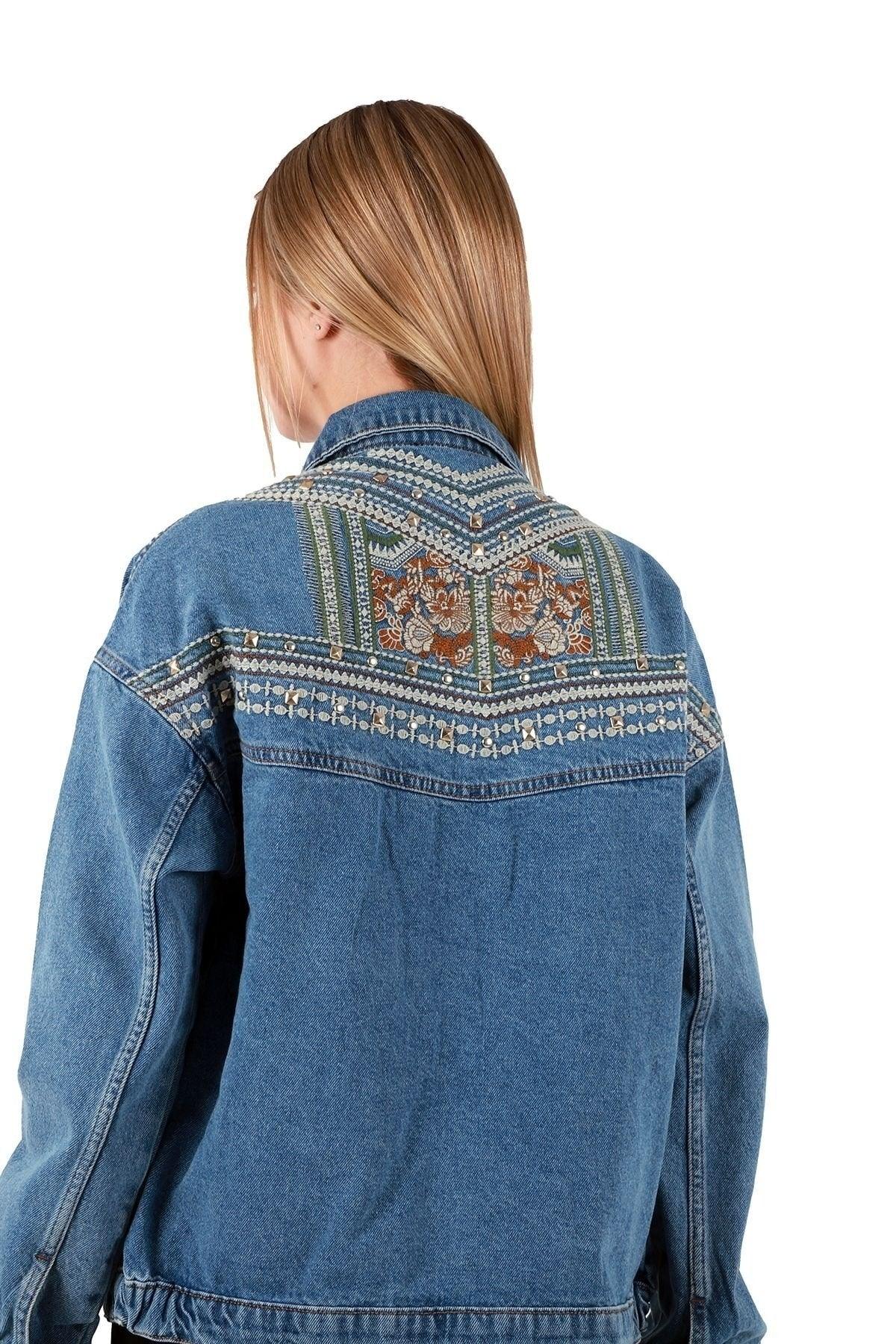 Back Embroidered Long Sleeve And Pockets Classic Collar Oversize Jeans Women's Jacket Cotton - Swordslife