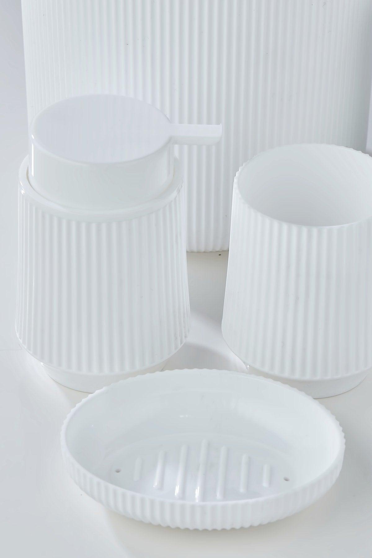 Striped Bathroom Set White - White Striped Round 5 Pcs Bathroom Set - Swordslife