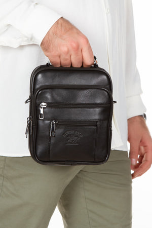 Herren-Hand- und Schultertasche aus schwarzem Echtleder mit Stahlgehäuse und Geldbörse aus echtem Leder, 100 % Echtleder