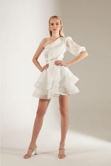 One Sleeve White Chiffon Ruffle Dress - Swordslife